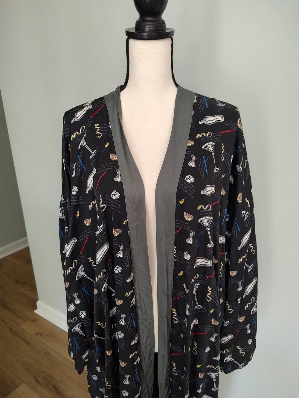 VTG Nicole Miller Silk Robe Martinis Bar Black Long NO TIE SASH L - Picture 3 of 7